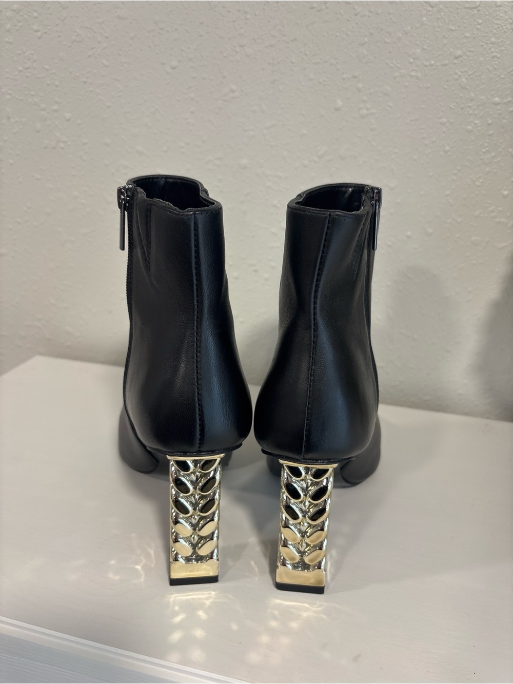 Black Ankle Booties with Gold Geometric Heel - Women - Picture 3 of 4